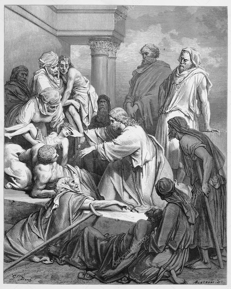 Jezus genezing in het land van gennesaret (Gustav Dore, Beeld van de Heilige Schrift, oude en nieuwe Testament boeken collectie gepubliceerd in 1885, stuttgart-Duitsland)