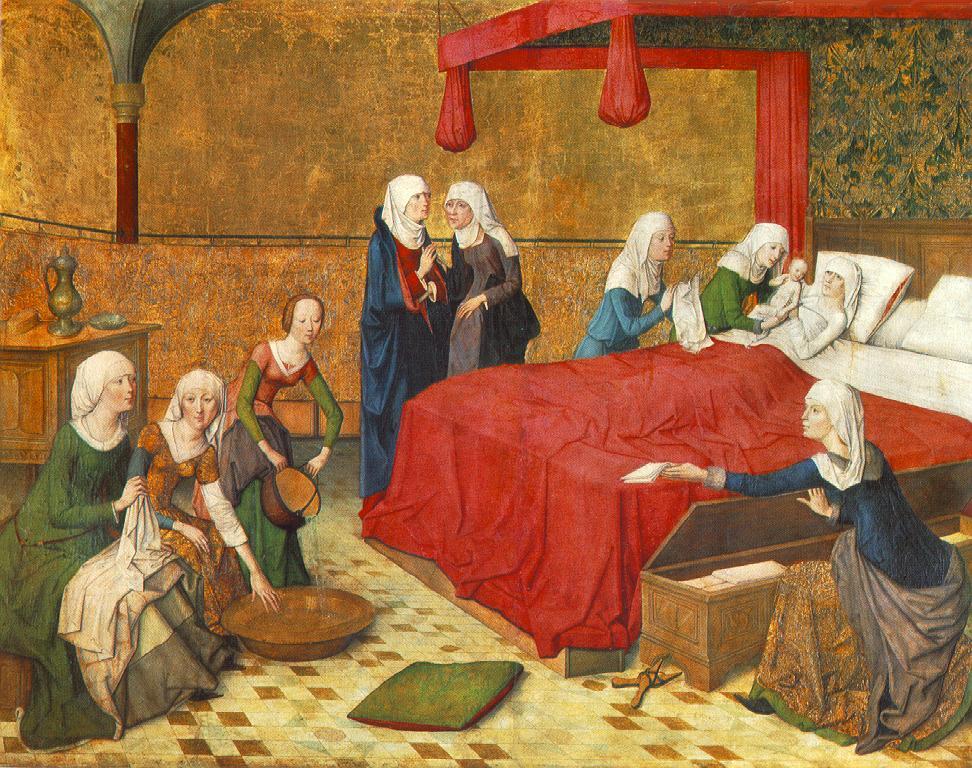 The birth of Mary (Master of the Life of the Virgin, 1470, Alte Pinakothek, Munich)
