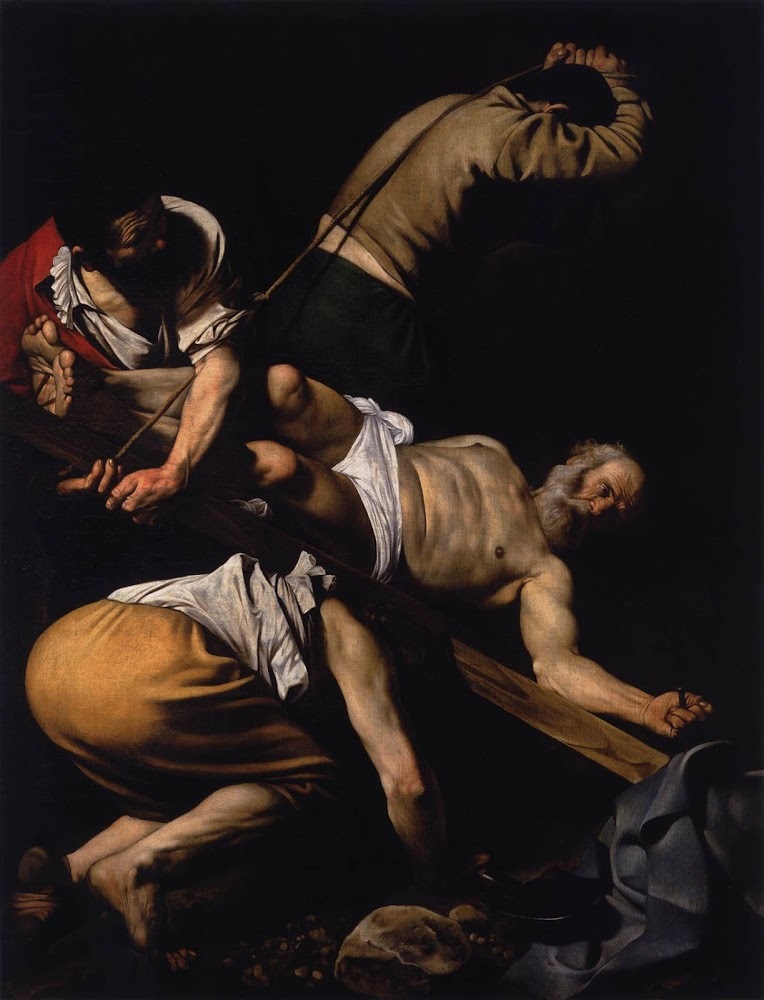The Crucifixion of Saint Peter (Caravaggio, 1601, Cerasi Chapel, Santa Maria del Popolo, Rome)