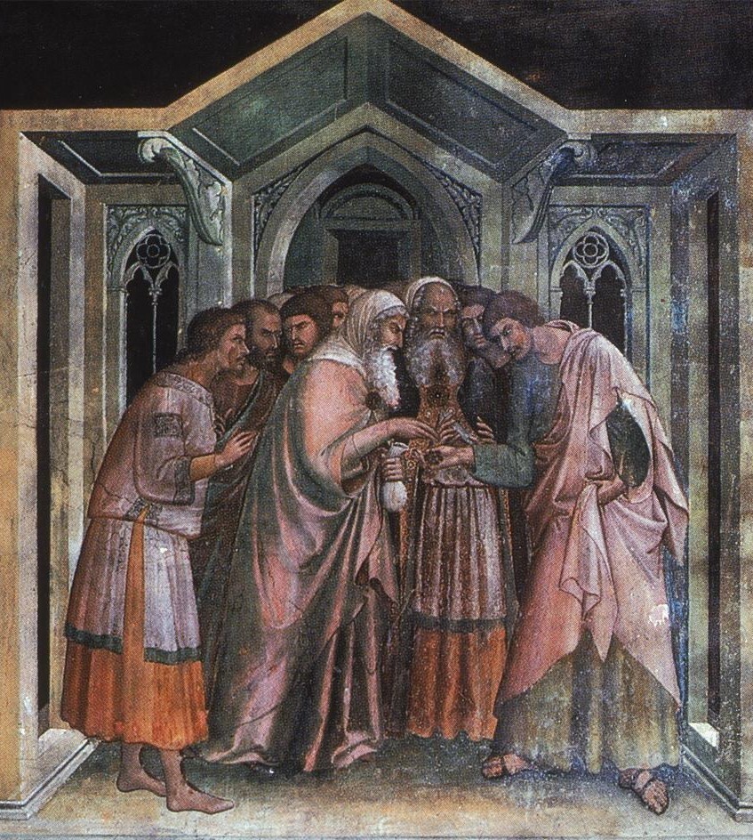 The pact of Judas (Barna da Siena, ca. 1350s, “Stories from the New Testament”, in the right-side aisle of San Gimignano’s Collegiate Church of the Assumption of Mary)